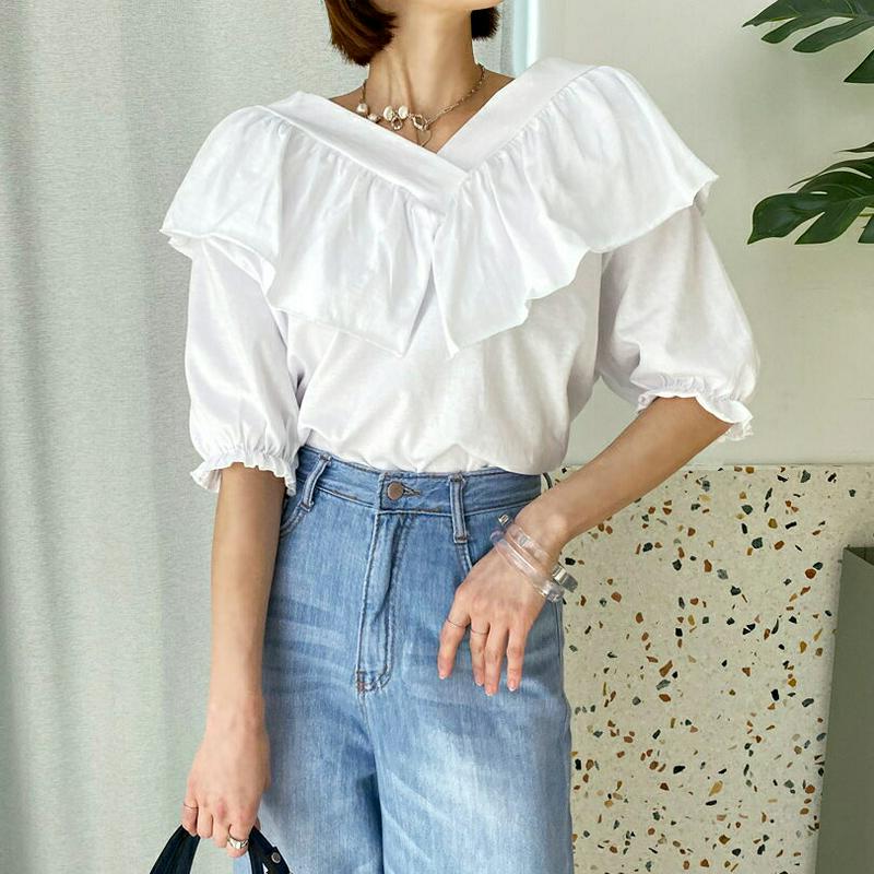 ラッフルVネックTシャツ・全3色・b56018 レディース 【tops】【トップス Tシャツ ラッフル Vネック 半袖 ハーフス