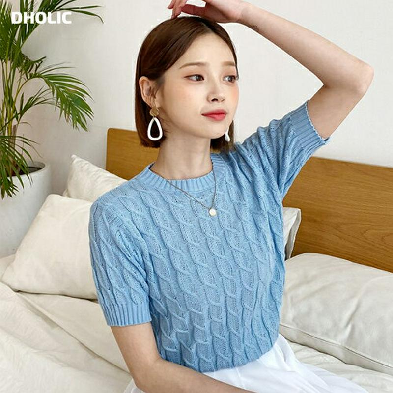 ツイスト半袖ニット・全5色・b56014 レディース 【tops】【トップス ニット ニットトップス 半袖　ツイスト 単色 シン