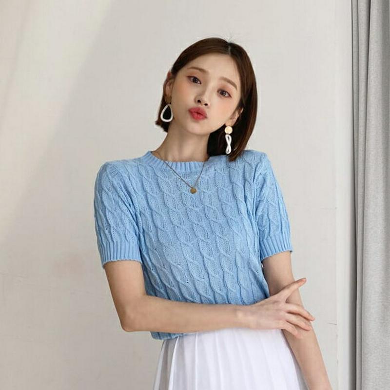 ツイスト半袖ニット・全5色・b56014 レディース 【tops】【トップス ニット ニットトップス 半袖　ツイスト 単色 シン