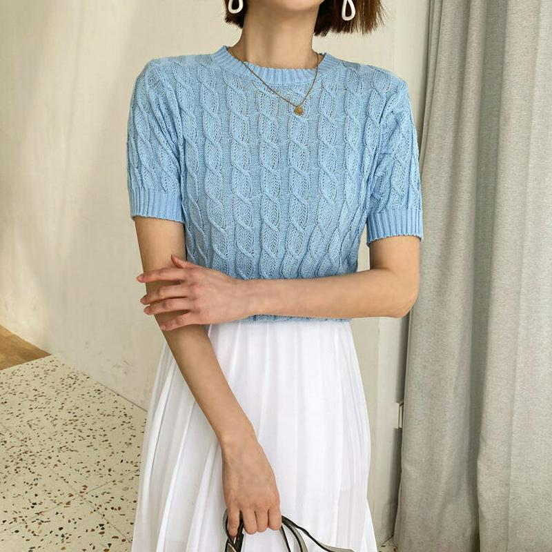 ツイスト半袖ニット・全5色・b56014 レディース 【tops】【トップス ニット ニットトップス 半袖　ツイスト 単色 シン