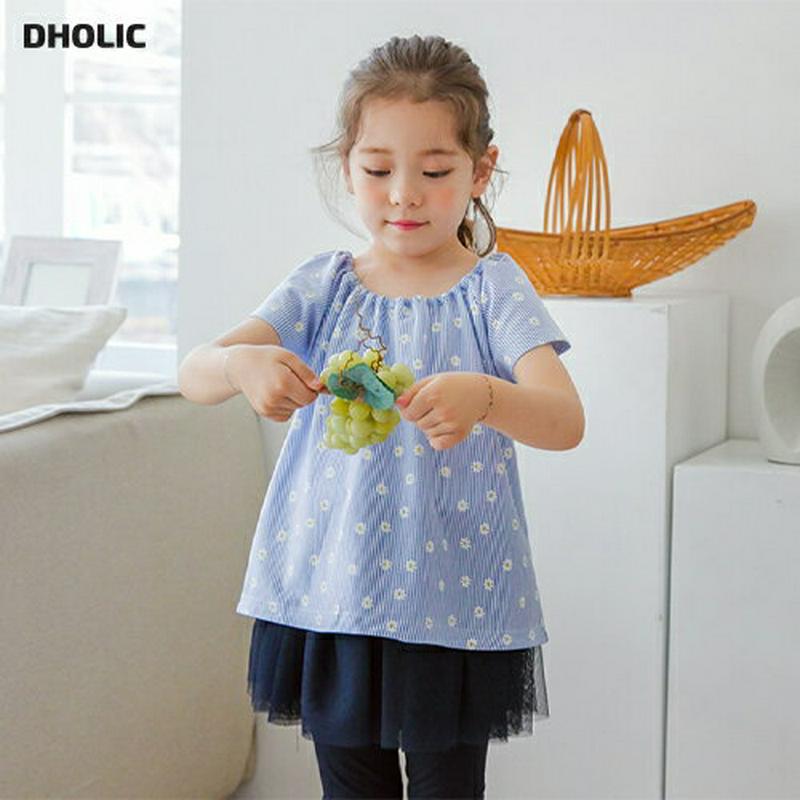 花柄ストライプゴムネックTシャツ(ブルー)・p002004 キッズ【3~8才】【tops】【トップス Tシャツ 半袖 花柄 フラ