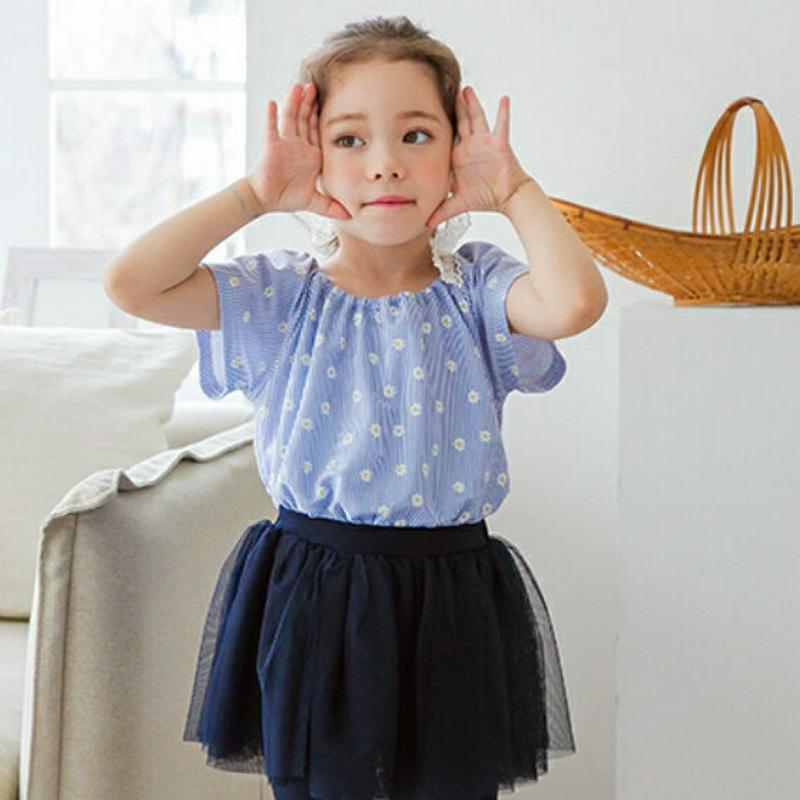 花柄ストライプゴムネックTシャツ(ブルー)・p002004 キッズ【3~8才】【tops】【トップス Tシャツ 半袖 花柄 フラ