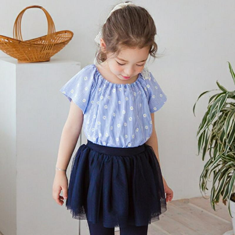 花柄ストライプゴムネックTシャツ(ブルー)・p002004 キッズ【3~8才】【tops】【トップス Tシャツ 半袖 花柄 フラ