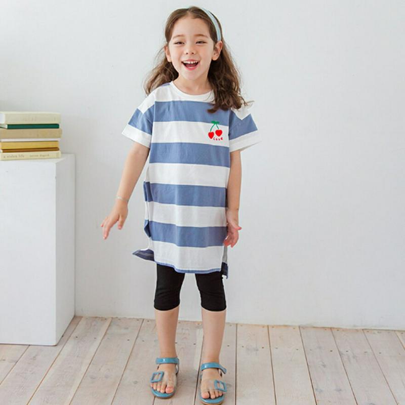 チェリーボーダーTシャツ&レギンスSET(ブルー)・p002011 キッズ【3~8才】【set】【set セット トップス Tシ