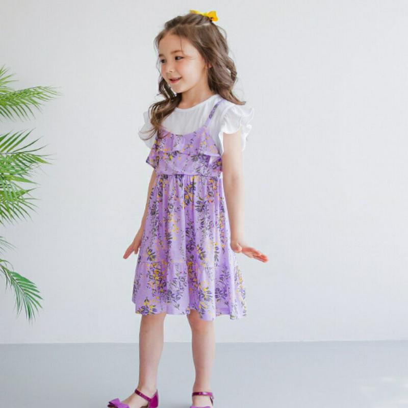 フレアスリーブドッキングワンピース(パープル)・p001930 キッズ【3~8才】【ops】【ワンピース ミディ丈 ミディワンピ