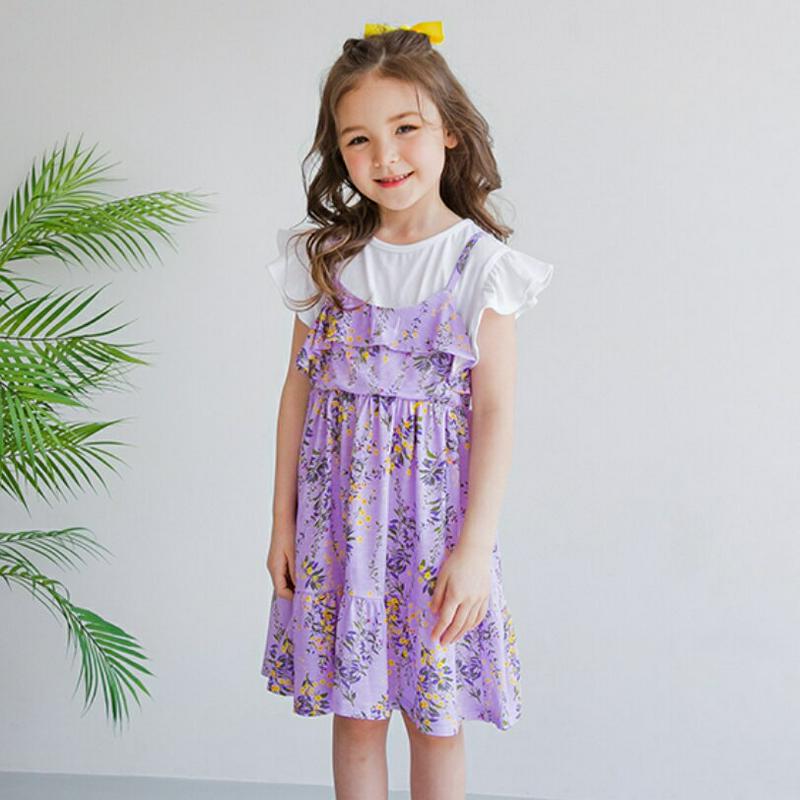 フレアスリーブドッキングワンピース(パープル)・p001930 キッズ【3~8才】【ops】【ワンピース ミディ丈 ミディワンピ