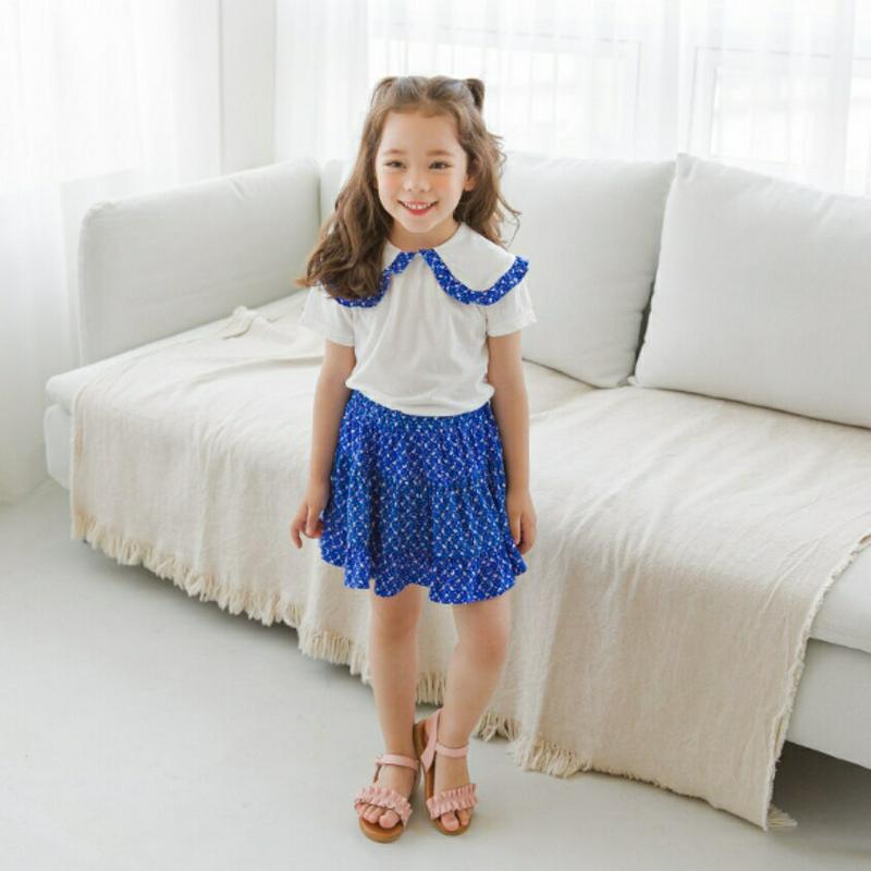 花柄ワイドカラーTシャツ&スカートSET(ブルー)・p001933 キッズ【3~8才】【set】【セットアップ setup トッ