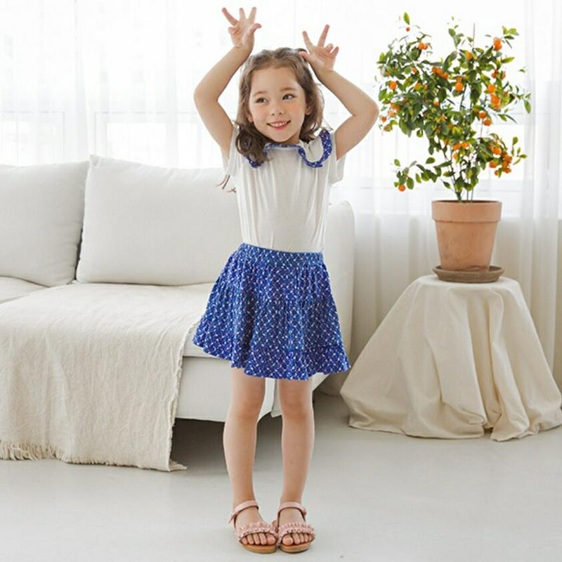 花柄ワイドカラーTシャツ&スカートSET(ブルー)・p001933 キッズ【3~8才】【set】【セットアップ setup トッ