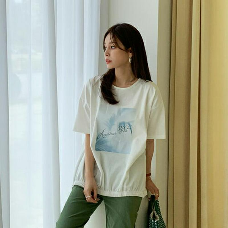 プリントゴムヘムTシャツ・全4色・b62153 レディース【tops】【トップス Tシャツ 半袖 ハーフスリーブ プリント プリ