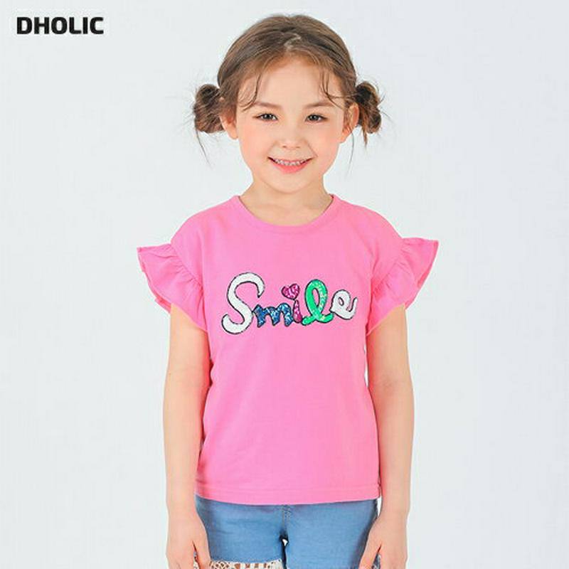 smileフリルTシャツ・p002157 キッズ【3~8才】【tops】【トップス Tシャツ 半袖 ショートスリーブ フリル スパンコール 英字 ロゴ ロゴT 可愛い かわいい 女の子 子供 こども 子供服 こども服】【KIDS】
