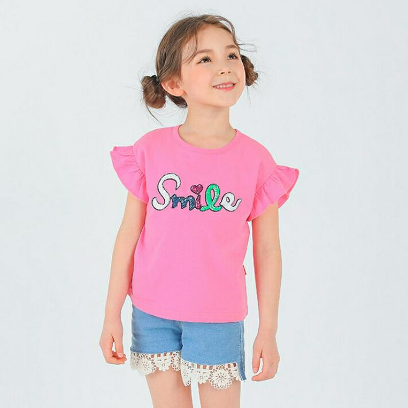 smileフリルTシャツ・p002157 キッズ【3~8才】【tops】【トップス Tシャツ 半袖 ショートスリーブ フリル スパンコール 英字 ロゴ ロゴT 可愛い かわいい 女の子 子供 こども 子供服 こども服】【KIDS】