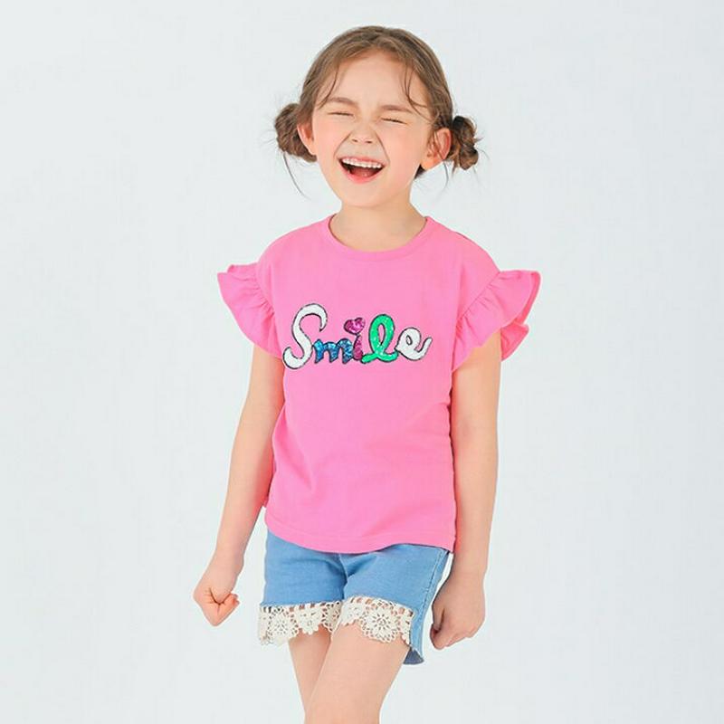 smileフリルTシャツ・p002157 キッズ【3~8才】【tops】【トップス Tシャツ 半袖 ショートスリーブ フリル スパンコール 英字 ロゴ ロゴT 可愛い かわいい 女の子 子供 こども 子供服 こども服】【KIDS】