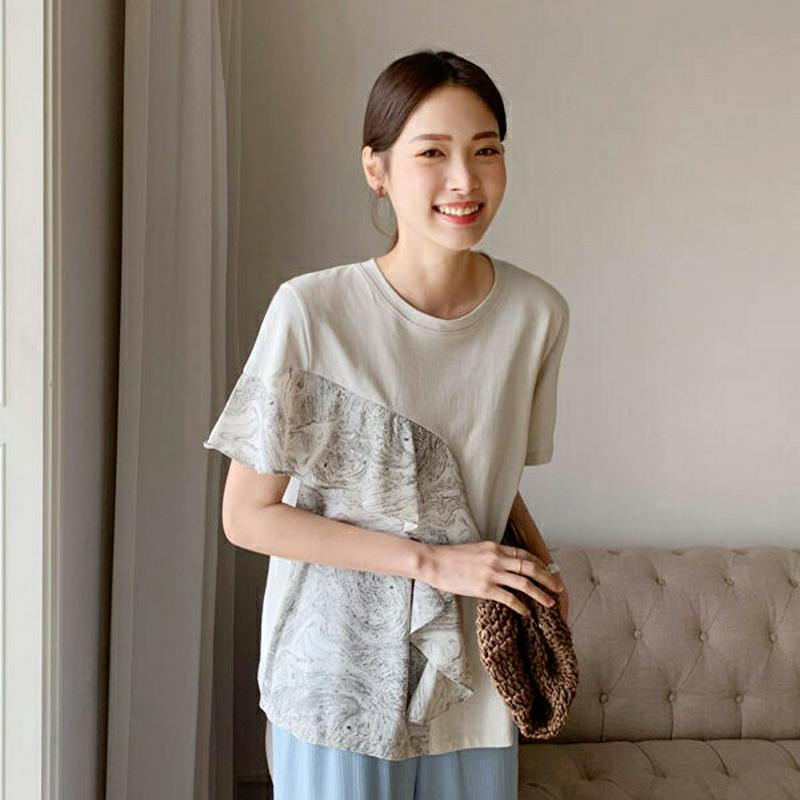 マーブリングラッフルTシャツ・全2色・b62185 レディース【tops】【トップス Tシャツ 半袖 ラッフル フリル マーブル