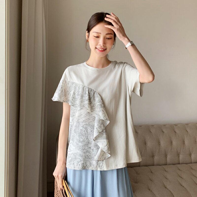 マーブリングラッフルTシャツ・全2色・b62185 レディース【tops】【トップス Tシャツ 半袖 ラッフル フリル マーブル