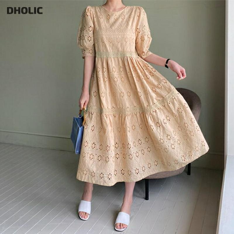 アイレットレースワンピース・全3色・b62202 レディース【ops】【ワンピース ロング ロングワンピース 半袖 ハーフスリー