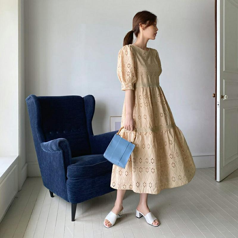 アイレットレースワンピース・全3色・b62202 レディース【ops】【ワンピース ロング ロングワンピース 半袖 ハーフスリー