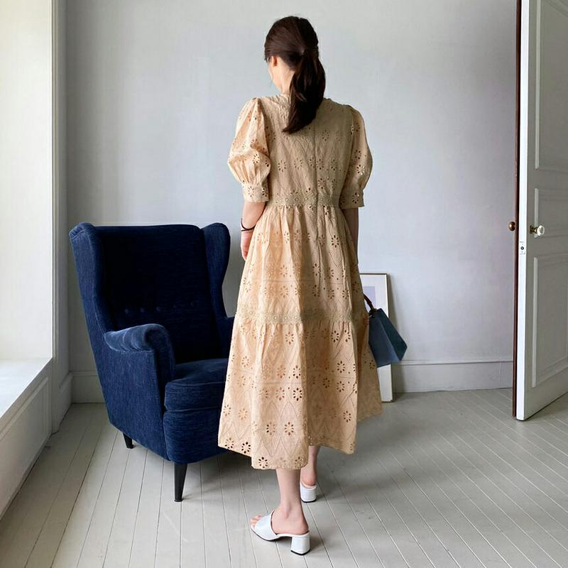 アイレットレースワンピース・全3色・b62202 レディース【ops】【ワンピース ロング ロングワンピース 半袖 ハーフスリー