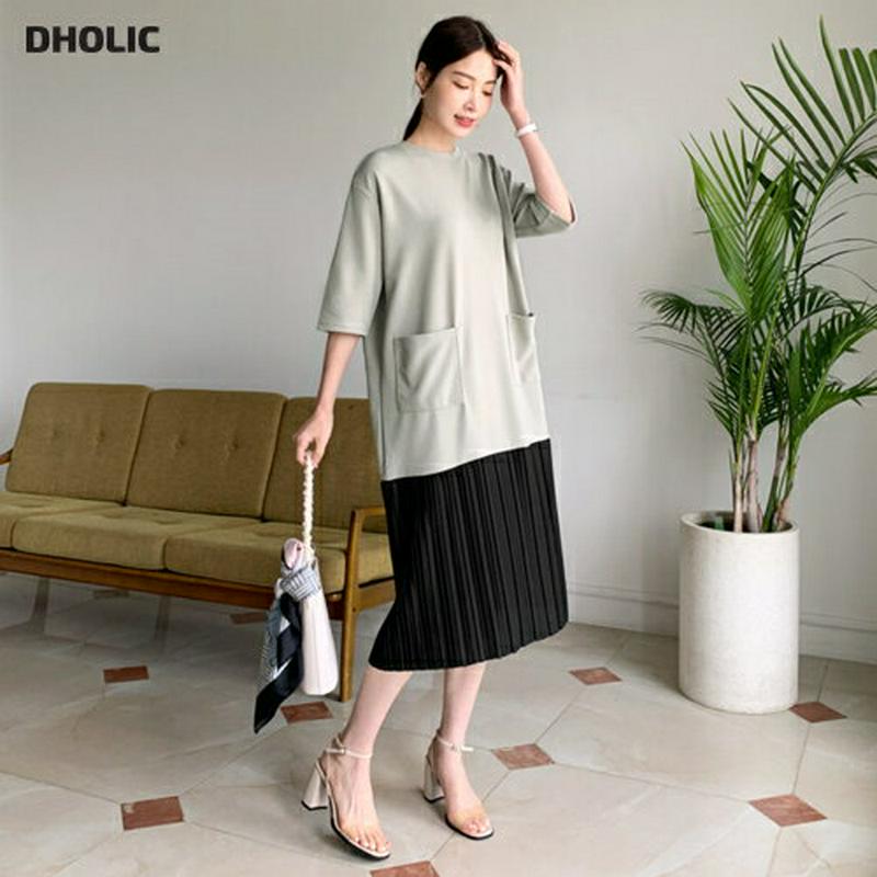 プリーツヘム配色ワンピース・全3色・b62201 レディース【ops】【ワンピース ミディ丈 ミディワンイース プリーツ プリー