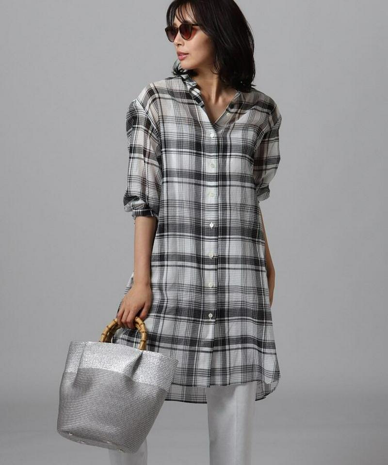 コットンシルクチェックロングシャツ