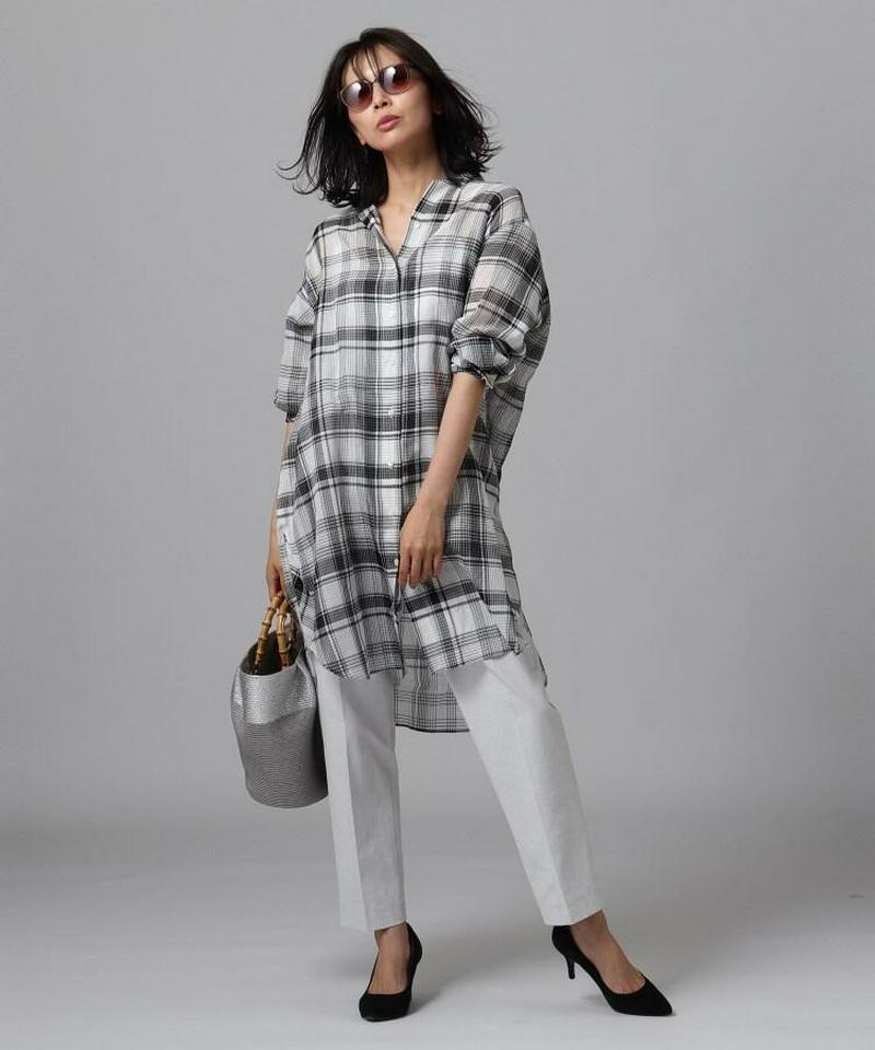 コットンシルクチェックロングシャツ