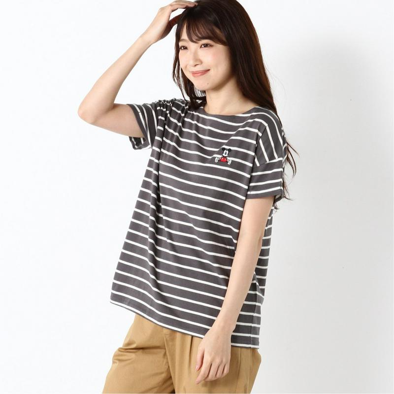 胸刺繍ワイドＴシャツ（ボーダー・無地）「ミッキーマウス」（ディズニー）