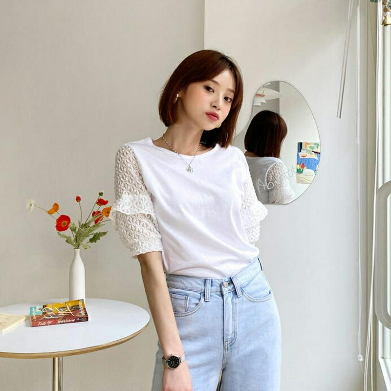 レーススリーブTシャツ・全2色・t56139 レディース【tops】【トップス Tシャツ 半袖 ハーフスリーブ レース 袖コンシ