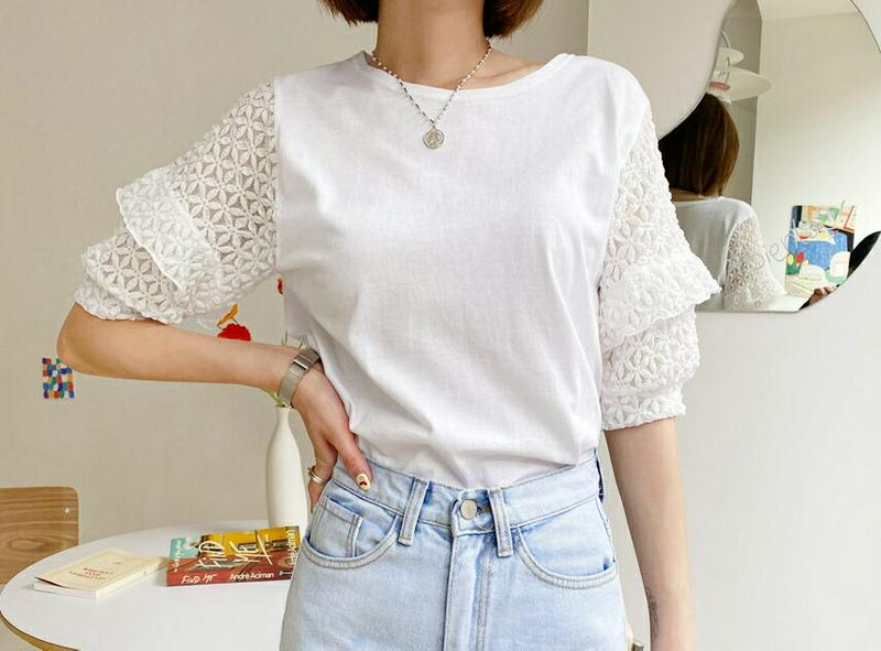 レーススリーブTシャツ・全2色・t56139 レディース【tops】【トップス Tシャツ 半袖 ハーフスリーブ レース 袖コンシ