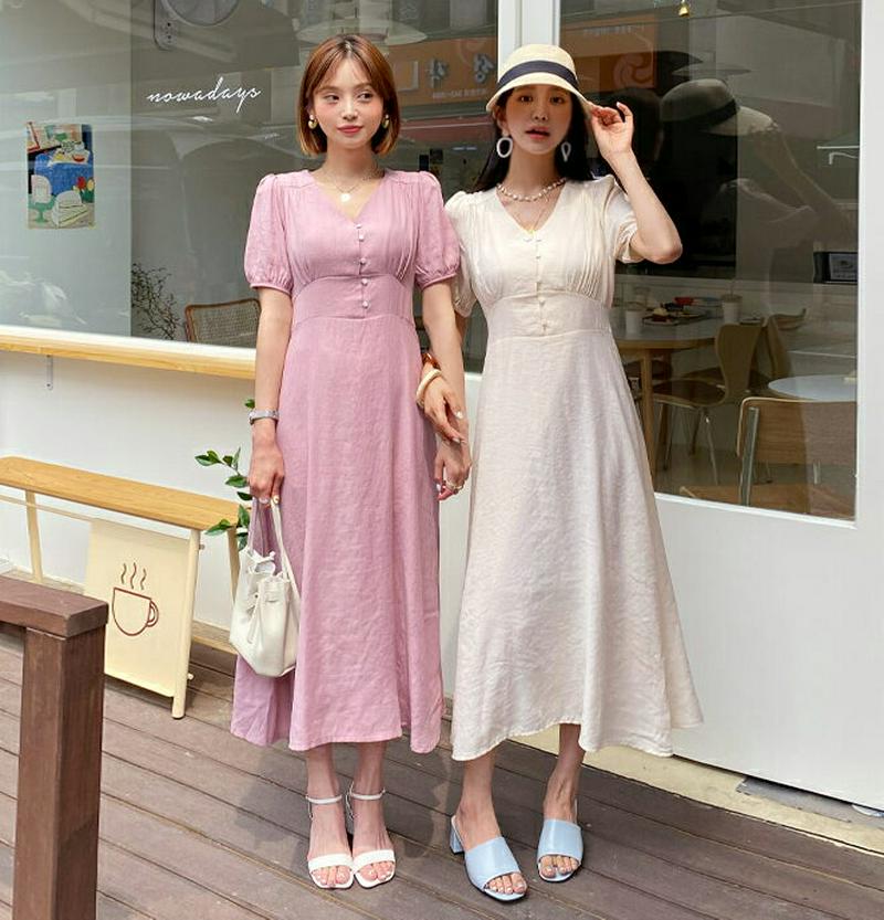 ボタンリボンフレアワンピース・全3色・t56158 レディース【ops】【ワンピース ロング ロングワンピース 半袖 ハーフスリ