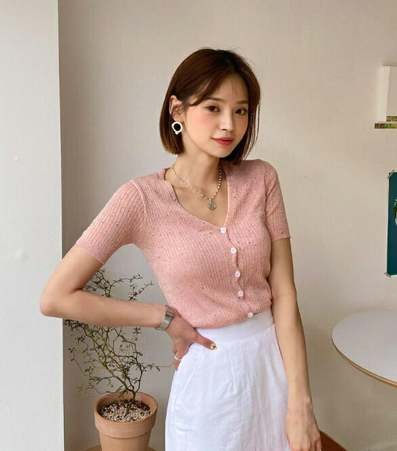 カラーミックスボタンリブニット・全5色・b56143 レディース【tops】【トップス ニット ニットトップス 半袖 カラーミッ