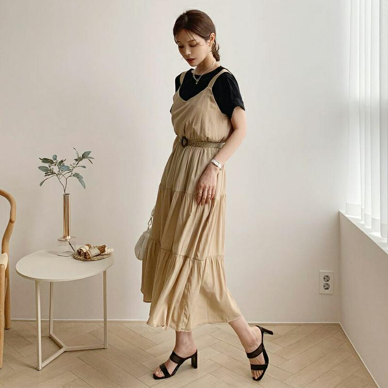 ベルト付ティアードワンピース・全2色・t62376 レディース【ops】【ワンピース ロング ロングワンピース キャミソール ス