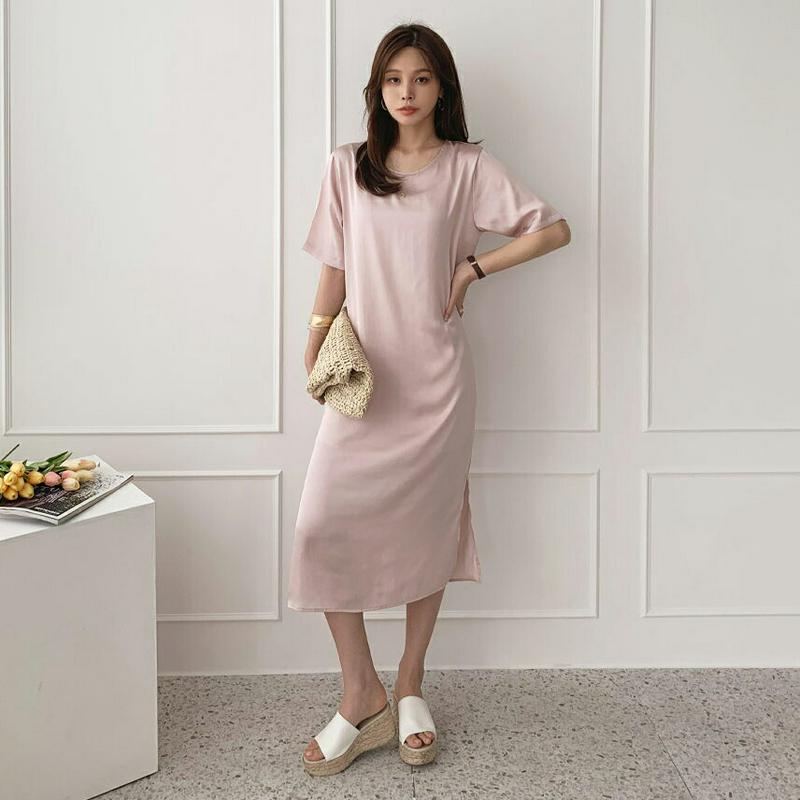 サテンスリットワンピース・全3色・b62380 レディース【ops】【ワンピース ミディ丈 ミディワンピース 半袖 ハーフスリー