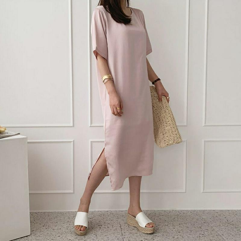 サテンスリットワンピース・全3色・b62380 レディース【ops】【ワンピース ミディ丈 ミディワンピース 半袖 ハーフスリー