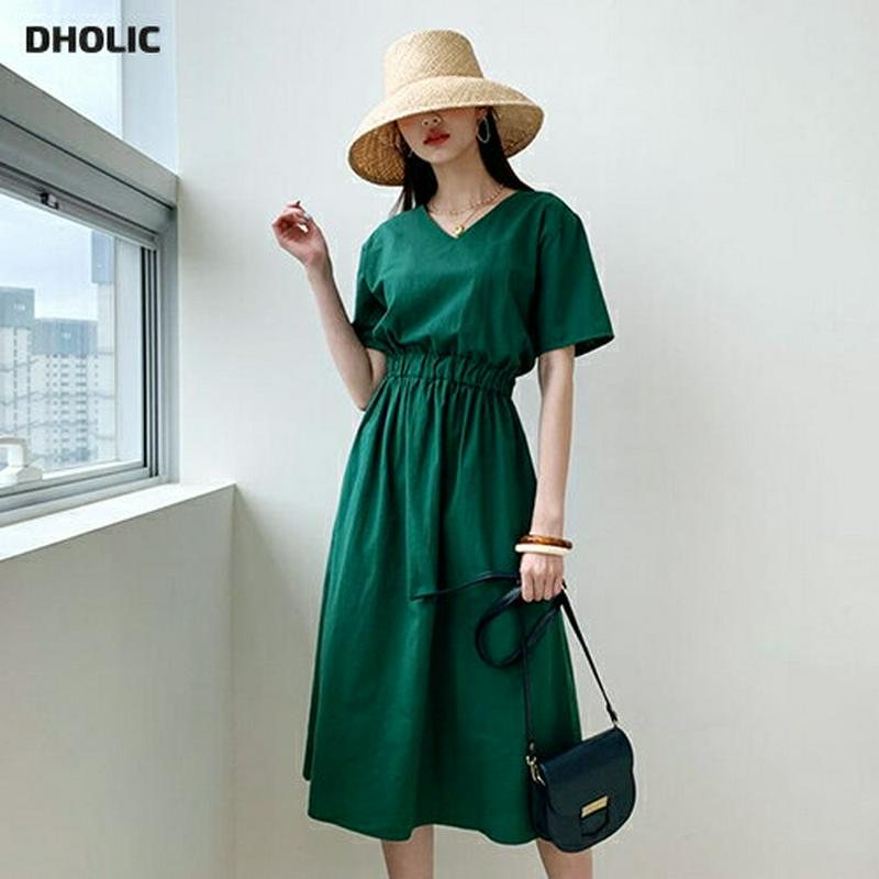 Vネックリネン混ワンピース・全4色・b55644 レディース【ops】【ワンピース ミディ丈 ミディワンピース 半袖 Vネック 