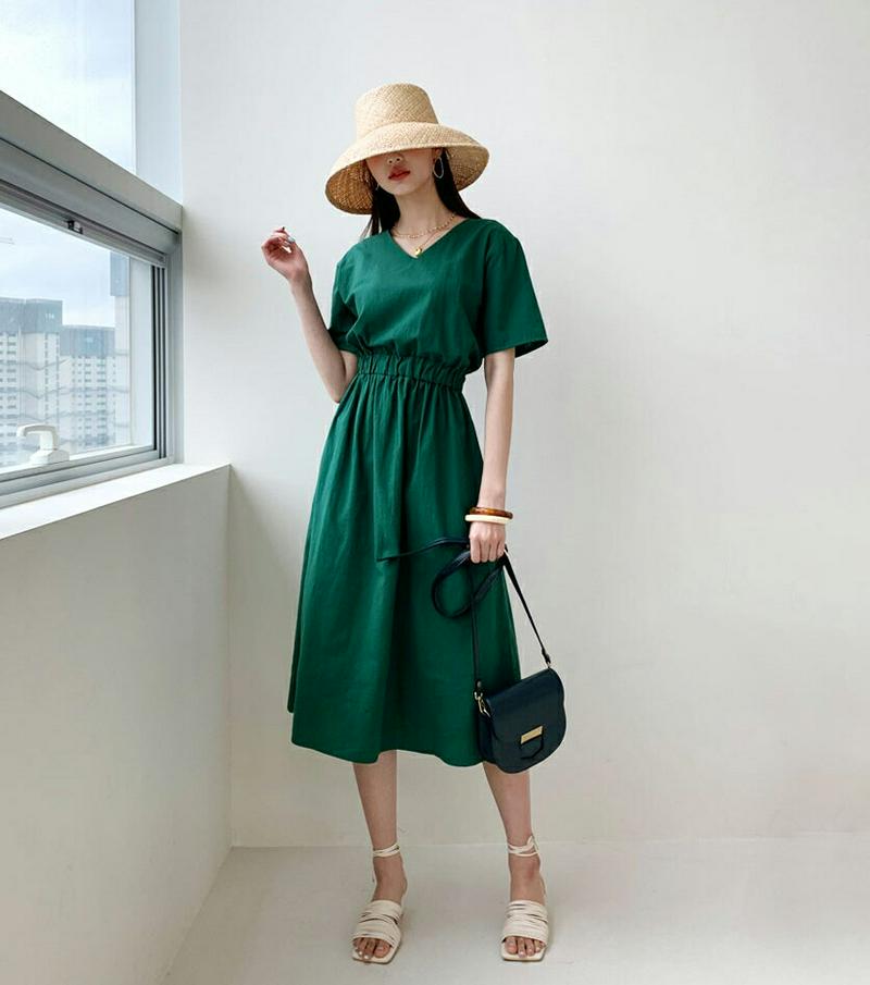 Vネックリネン混ワンピース・全4色・b55644 レディース【ops】【ワンピース ミディ丈 ミディワンピース 半袖 Vネック 