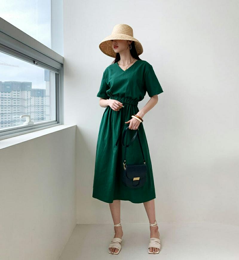 Vネックリネン混ワンピース・全4色・b55644 レディース【ops】【ワンピース ミディ丈 ミディワンピース 半袖 Vネック 