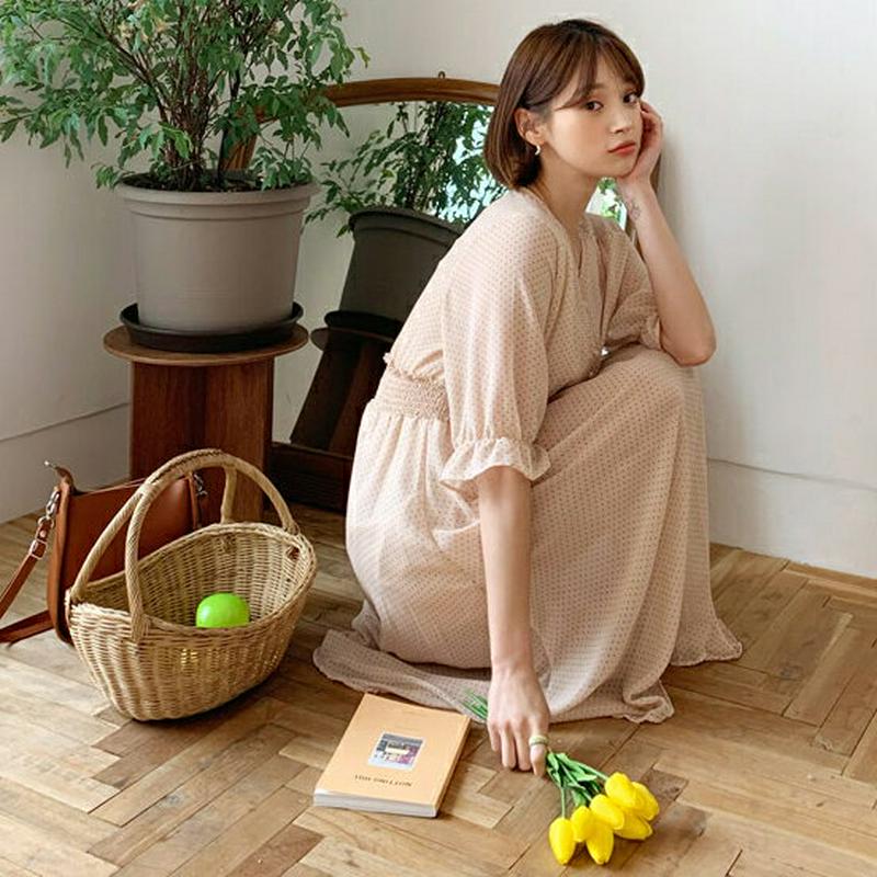 シャーリングドットワンピース・全2色・t55691 レディース【ops】【ワンピース ロング ロングワンピース ドット 柄 シャ