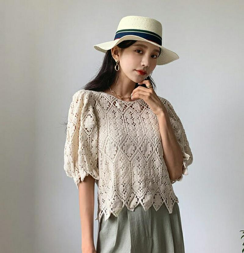 レースパフニット・全2色・b55677 レディース【tops】【トップス ニット ニットトップス 半袖 ハーフスリーブ レース 