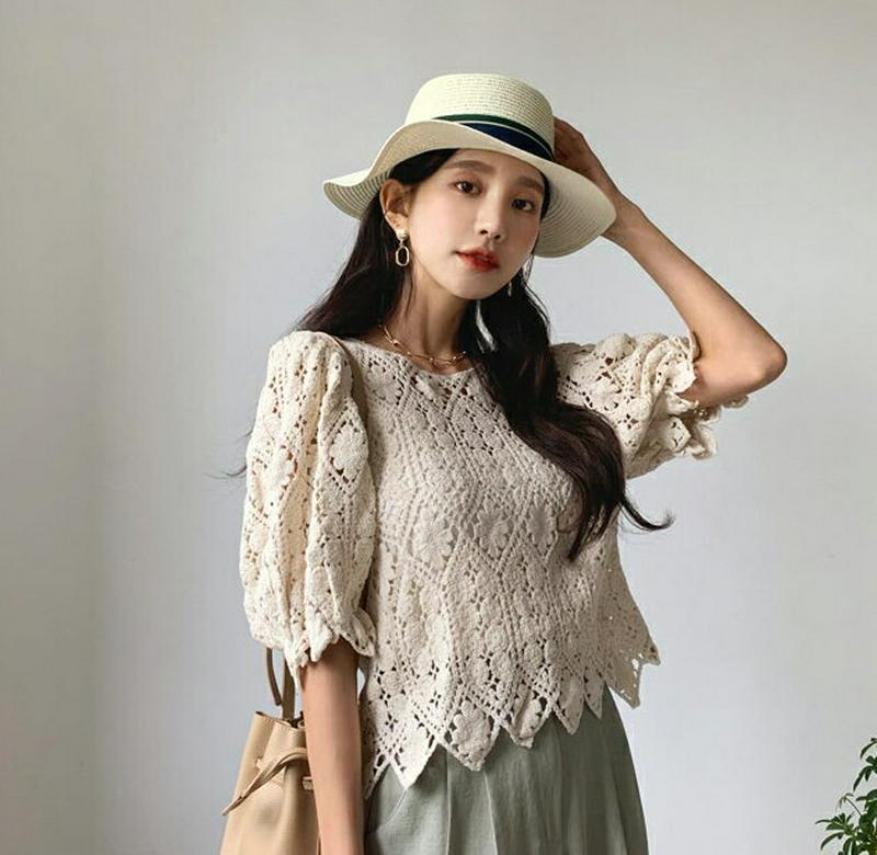 レースパフニット・全2色・b55677 レディース【tops】【トップス ニット ニットトップス 半袖 ハーフスリーブ レース 