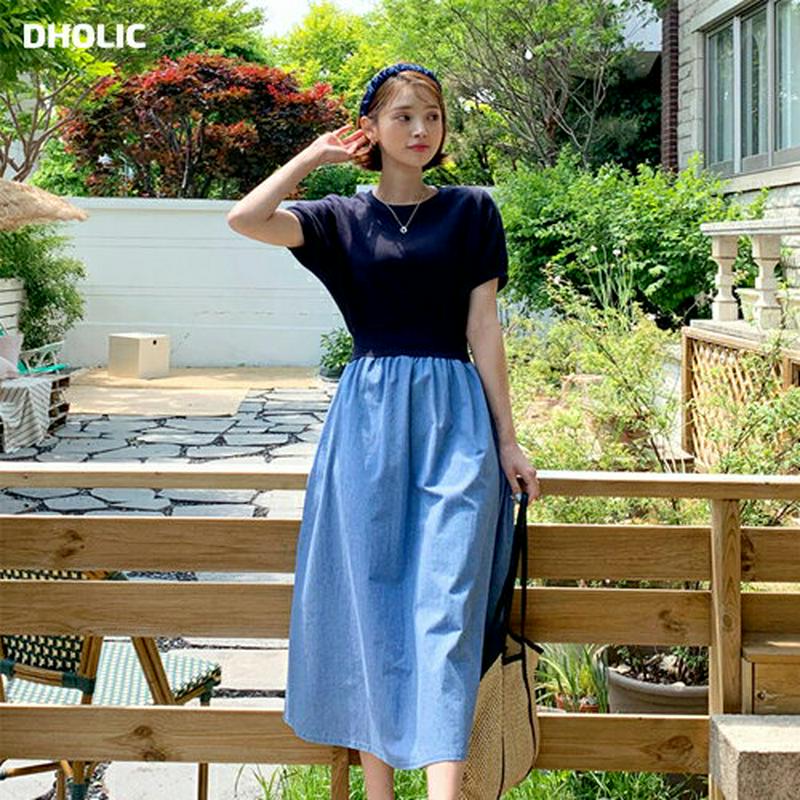 デニムコントラストワンピース・全2色・b55689 レディース【ops】【ワンピース ロング ロングワンピース 半袖 ショートス