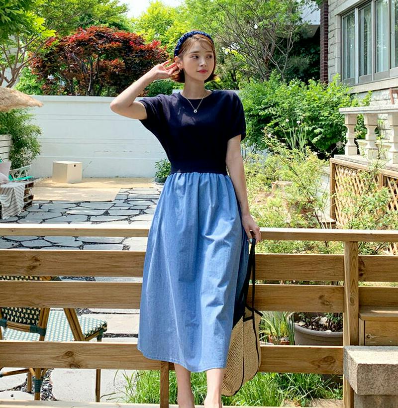 デニムコントラストワンピース・全2色・b55689 レディース【ops】【ワンピース ロング ロングワンピース 半袖 ショートス