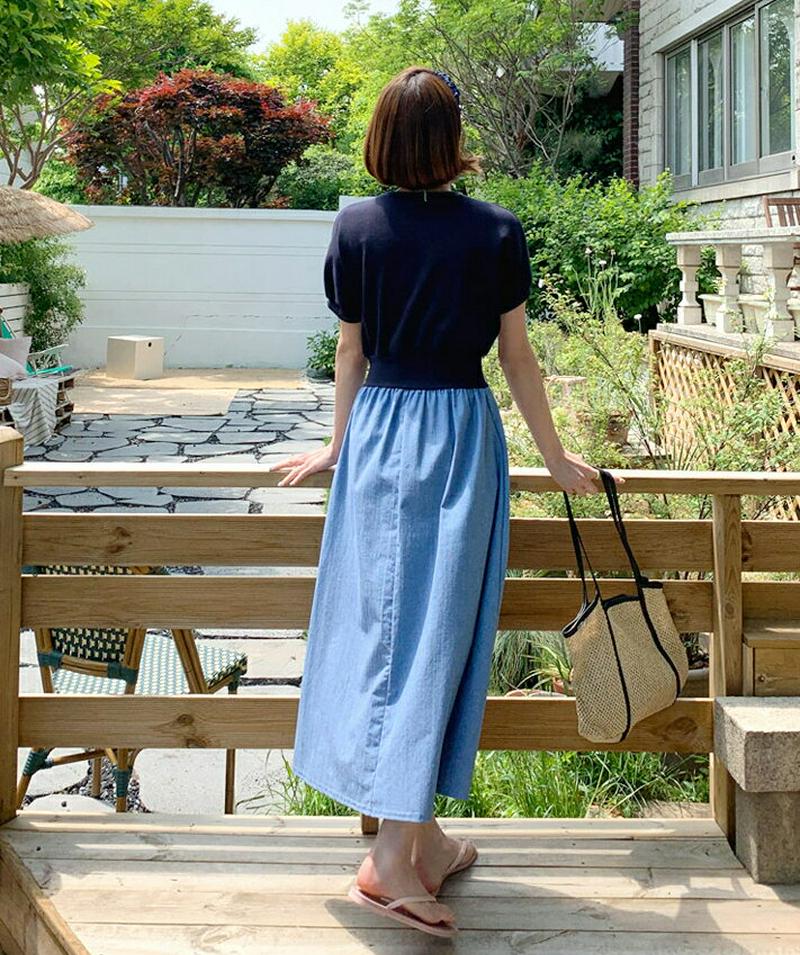 デニムコントラストワンピース・全2色・b55689 レディース【ops】【ワンピース ロング ロングワンピース 半袖 ショートス