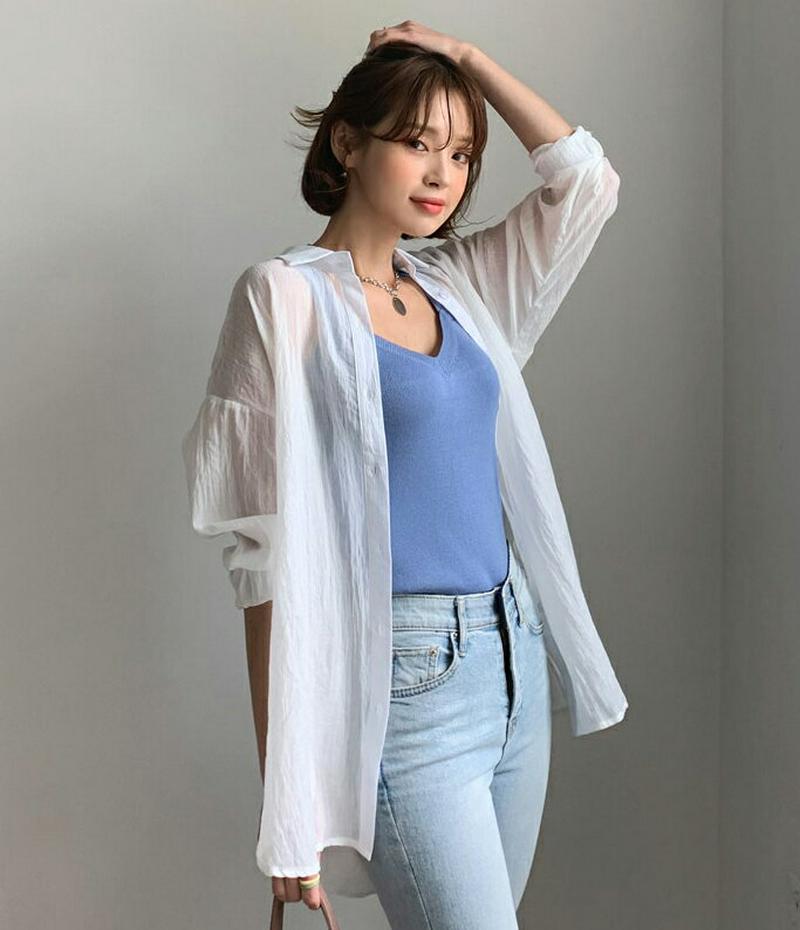 シースルーシャツ・全3色・b55684 レディース【bl】【トップス シャツ シースルー シアー 透け感 長袖 単色 無地 シン