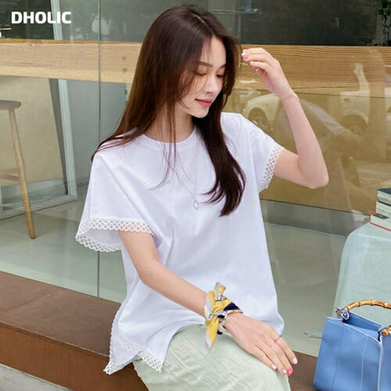 【只今10%OFF】ダイアゴナルレーストリムTシャツ・全2色・b62357 レディース【tops】【トップス Tシャツ 半袖 ダ