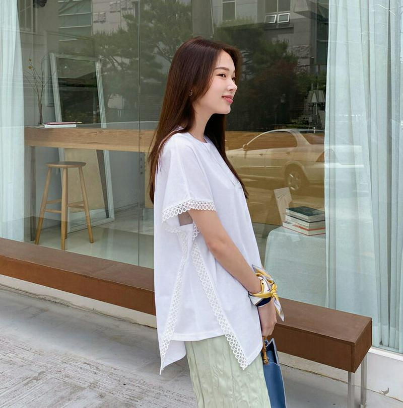 【只今10%OFF】ダイアゴナルレーストリムTシャツ・全2色・b62357 レディース【tops】【トップス Tシャツ 半袖 ダ