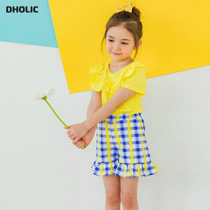 フリルチェックパンツSET(イエロー/ブルー)・p002337 キッズ【3~8才】【set】【セット set トップス 半袖 T