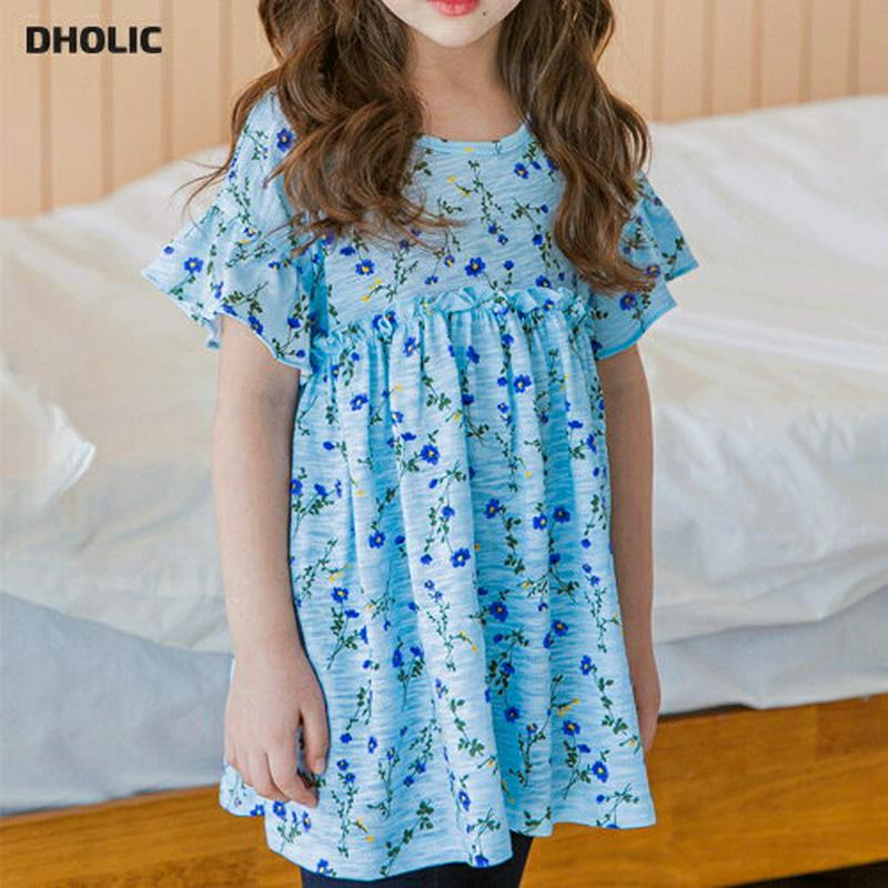 花柄AラインTシャツ(ブルー)・p002349 キッズ【3~8才】【tops】【トップス Tシャツ 半袖 フリル ギャザー Aラ
