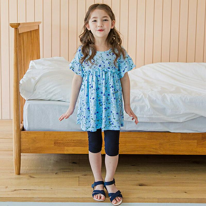 花柄AラインTシャツ(ブルー)・p002349 キッズ【3~8才】【tops】【トップス Tシャツ 半袖 フリル ギャザー Aラ