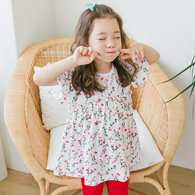 花柄AラインTシャツ(ホワイト)・p002348 キッズ【3~8才】【tops】【トップス Tシャツ 半袖 フリル ギャザー A
