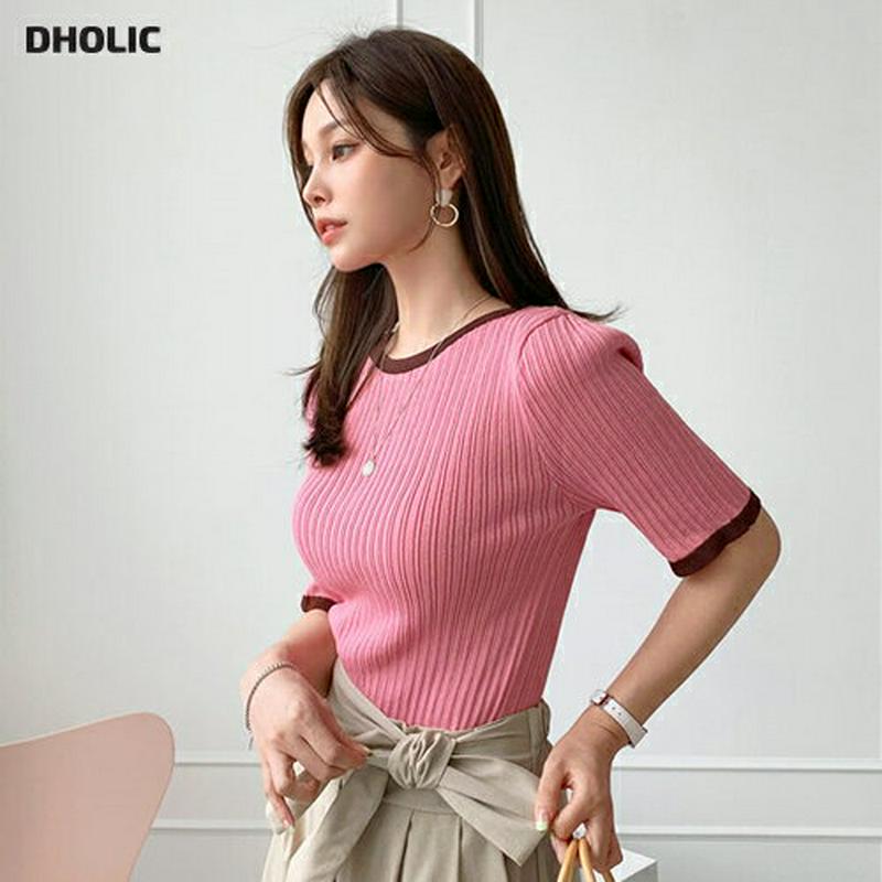 リブ配色ニット・全3色・t62347 レディース【tops】【トップス ニット ニットトップス 半袖 リブ リブニット リブトッ