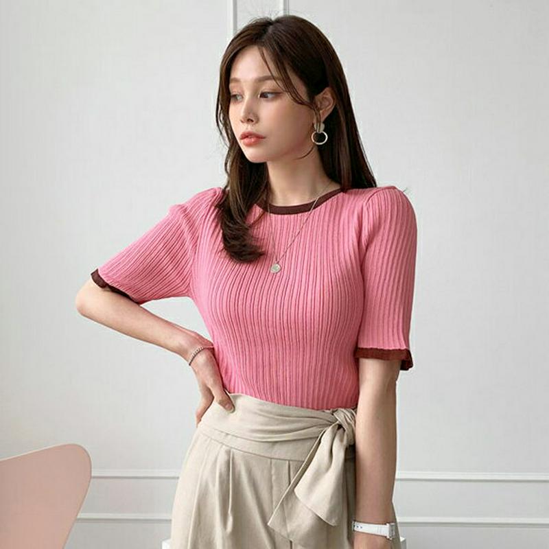 リブ配色ニット・全3色・t62347 レディース【tops】【トップス ニット ニットトップス 半袖 リブ リブニット リブトッ